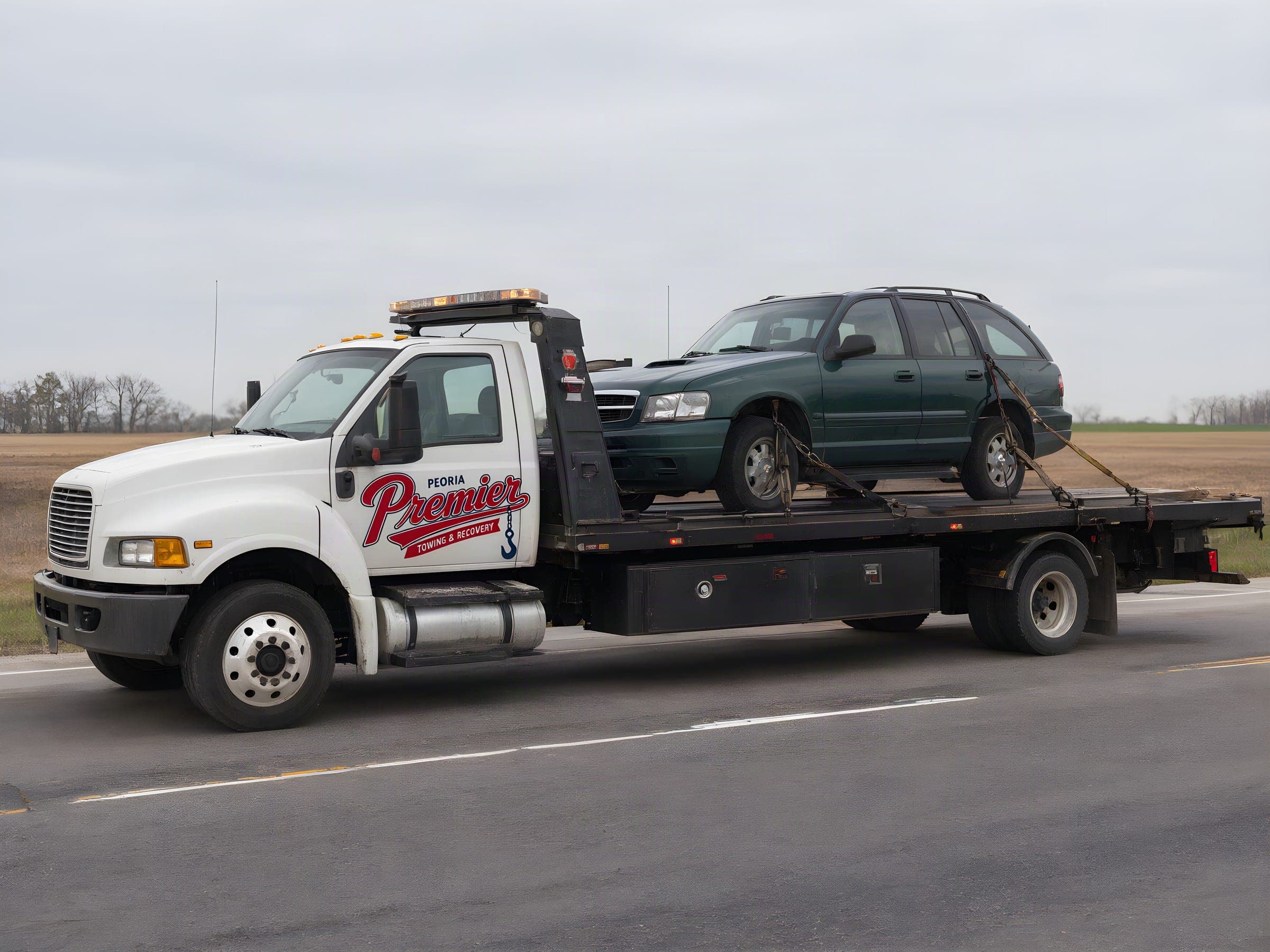Flatbed carrying an SUV on a four-lane highway