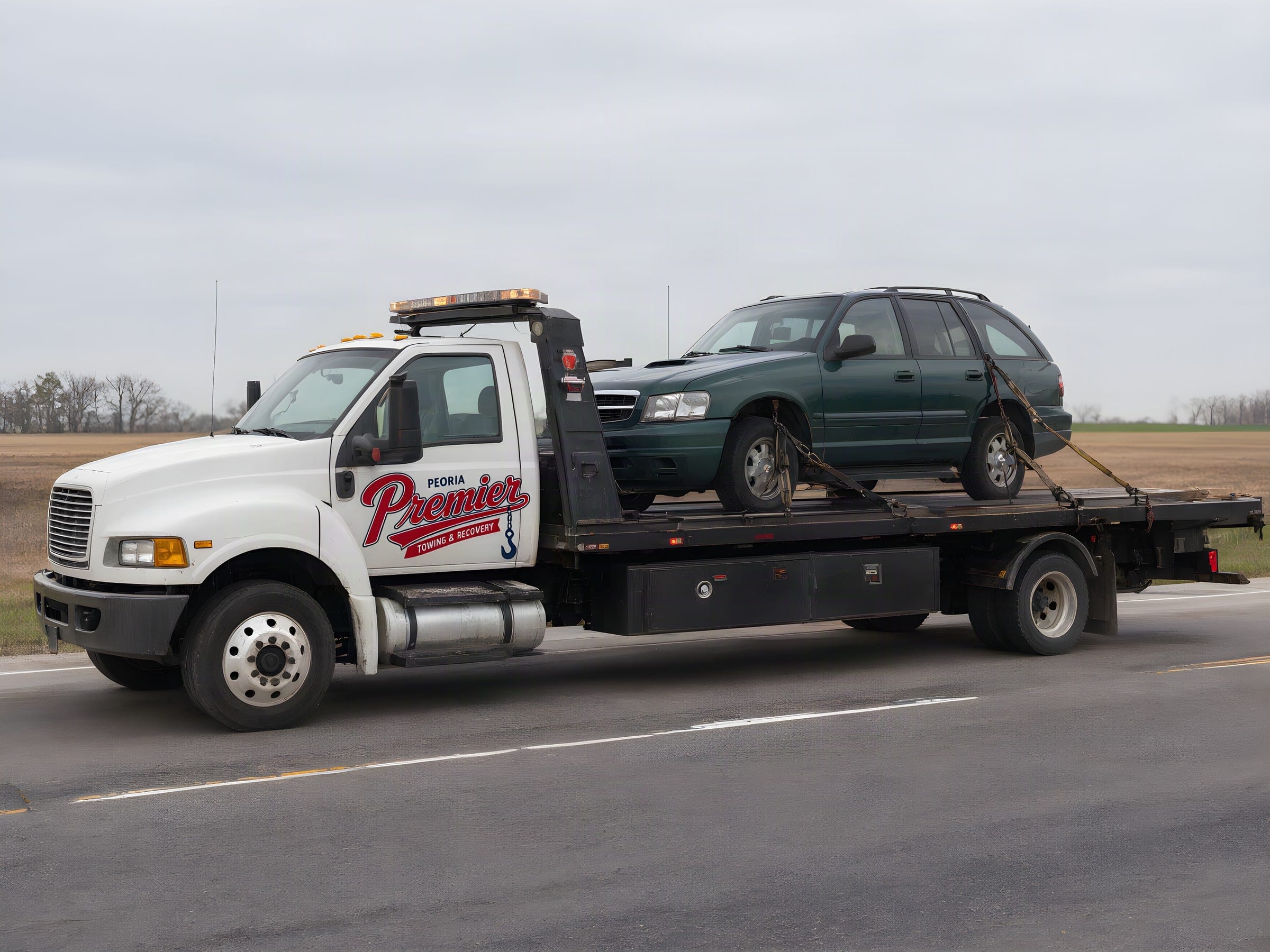 Peoria Premier Towing flatbed carrying an SUV on a highway through farmland