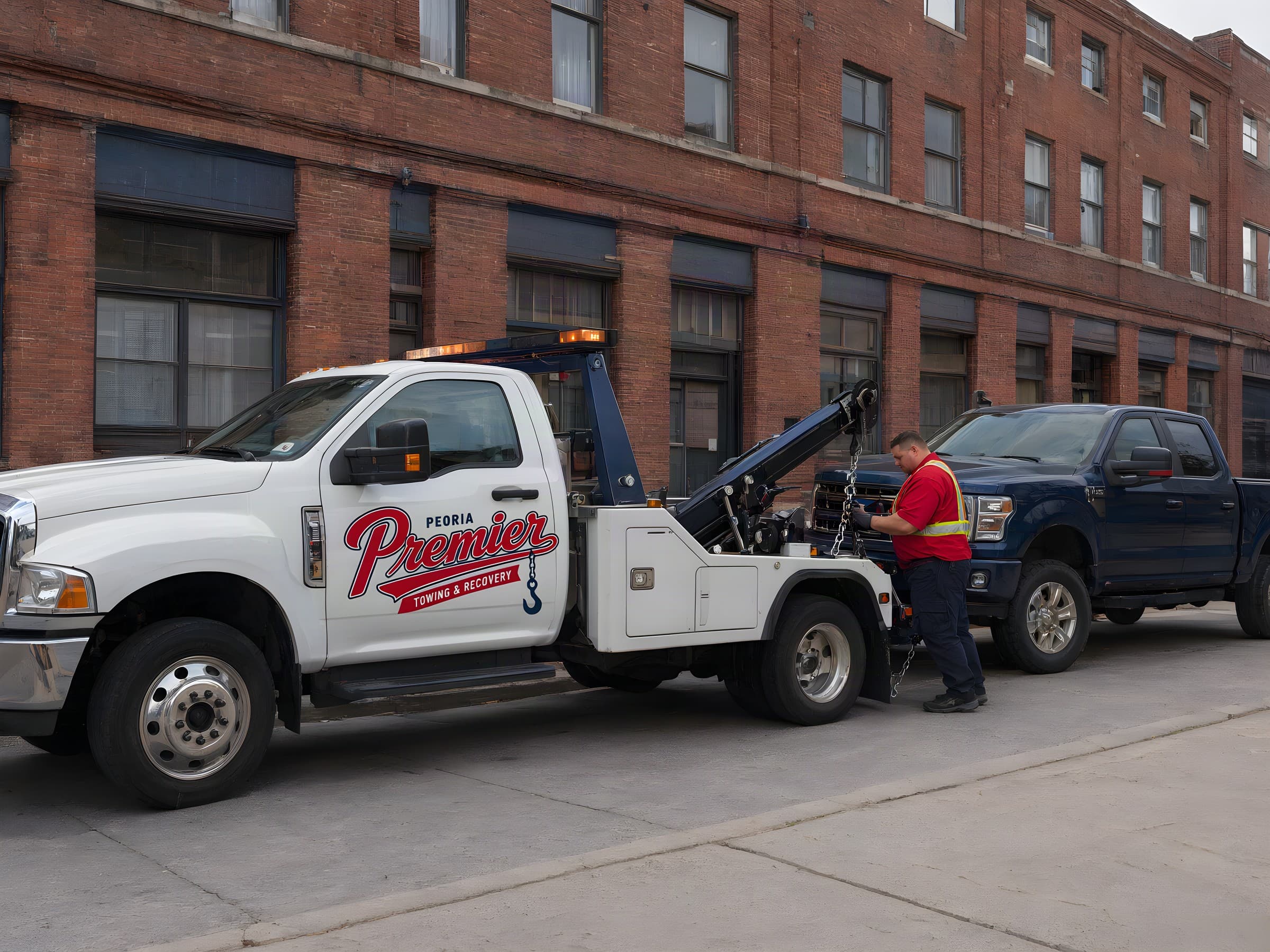 Wheel-lift tow truck towing a pickup past brick warehouses