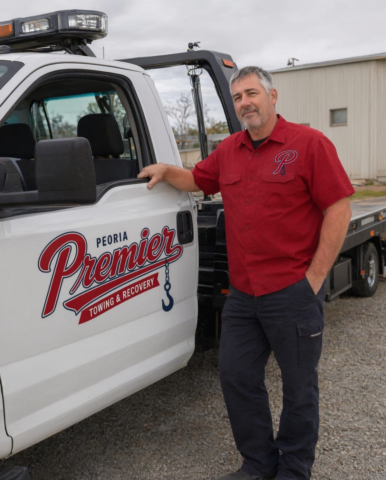 Owner in a red work shirt leaning on the door of his flatbed tow truck