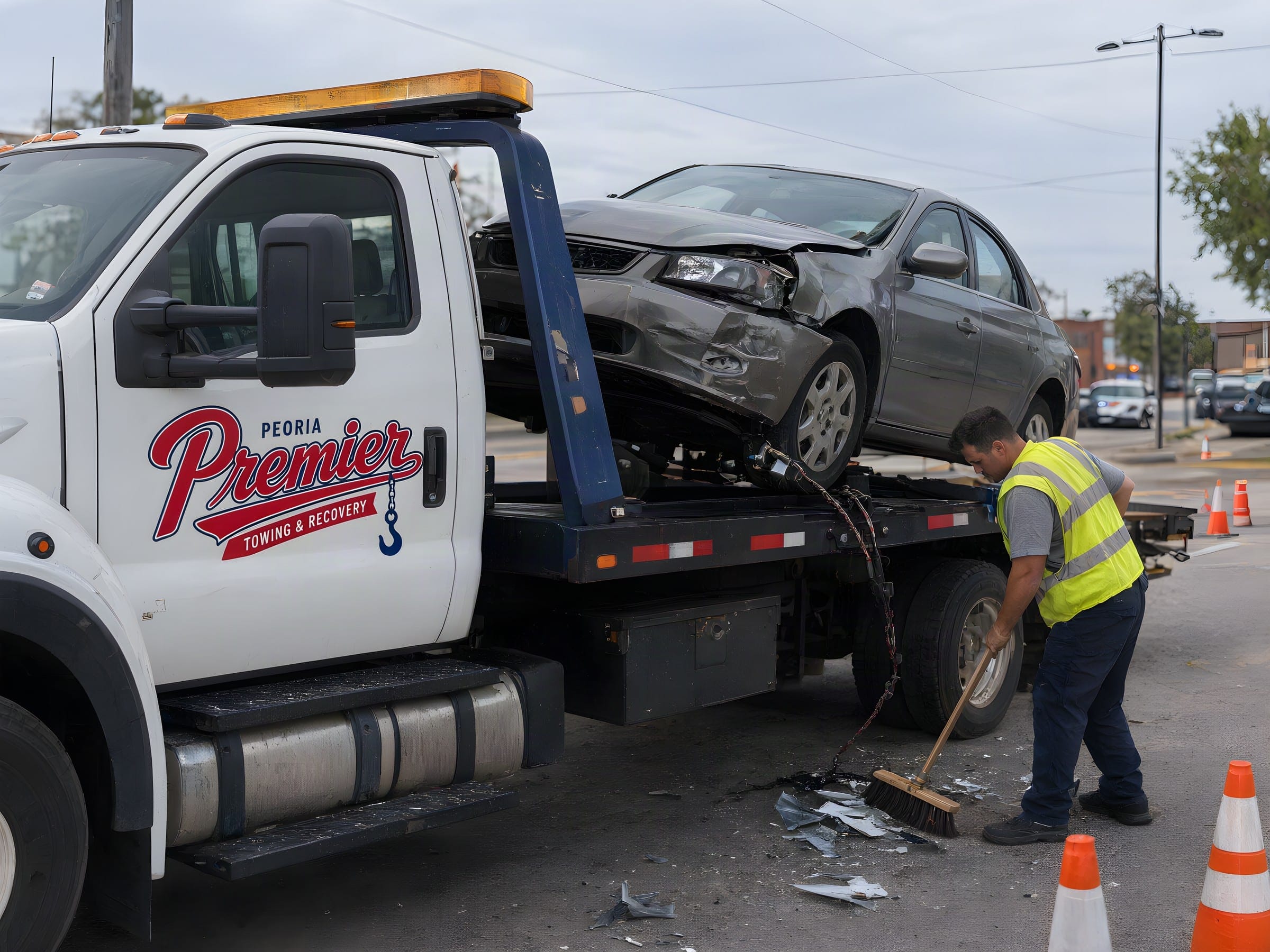 Flatbed loaded with a crash-damaged sedan while the operator sweeps debris