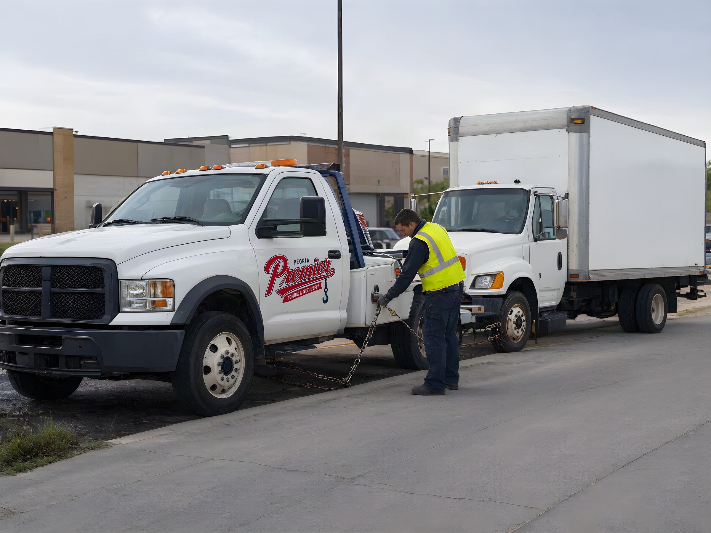 Medium-duty wrecker chaining a box truck for a tow