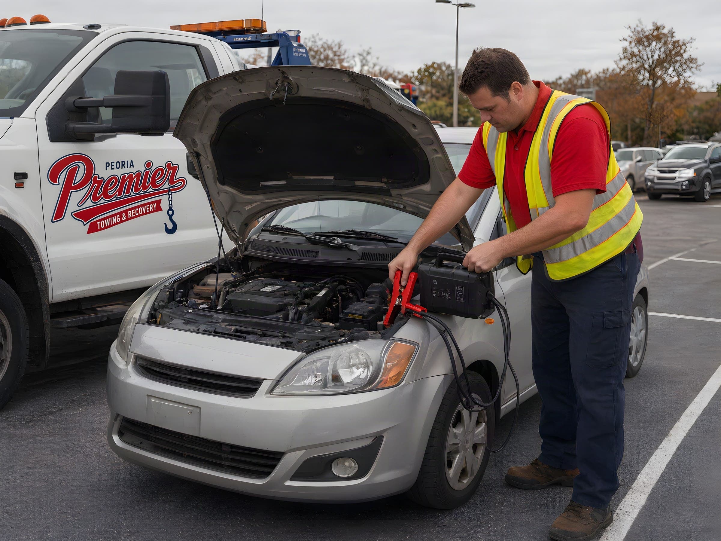 Roadside assistance in Peoria IL: tow operator jump-starting a silver car with a booster pack