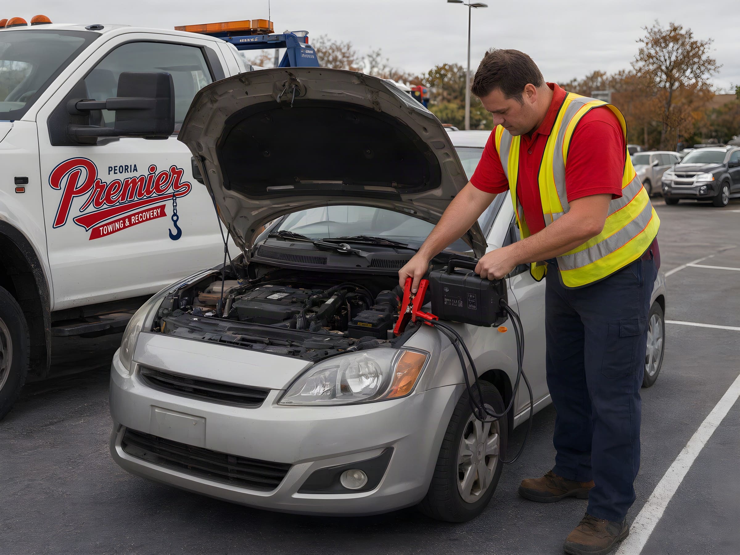 Roadside assistance in Peoria IL: tow operator jump-starting a silver car with a booster pack