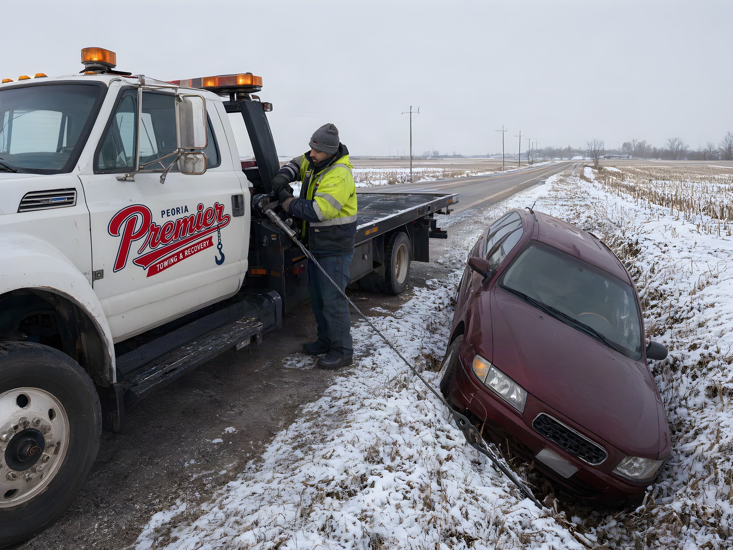 Winch out service in Peoria: flatbed winching a car out of a snowy ditch