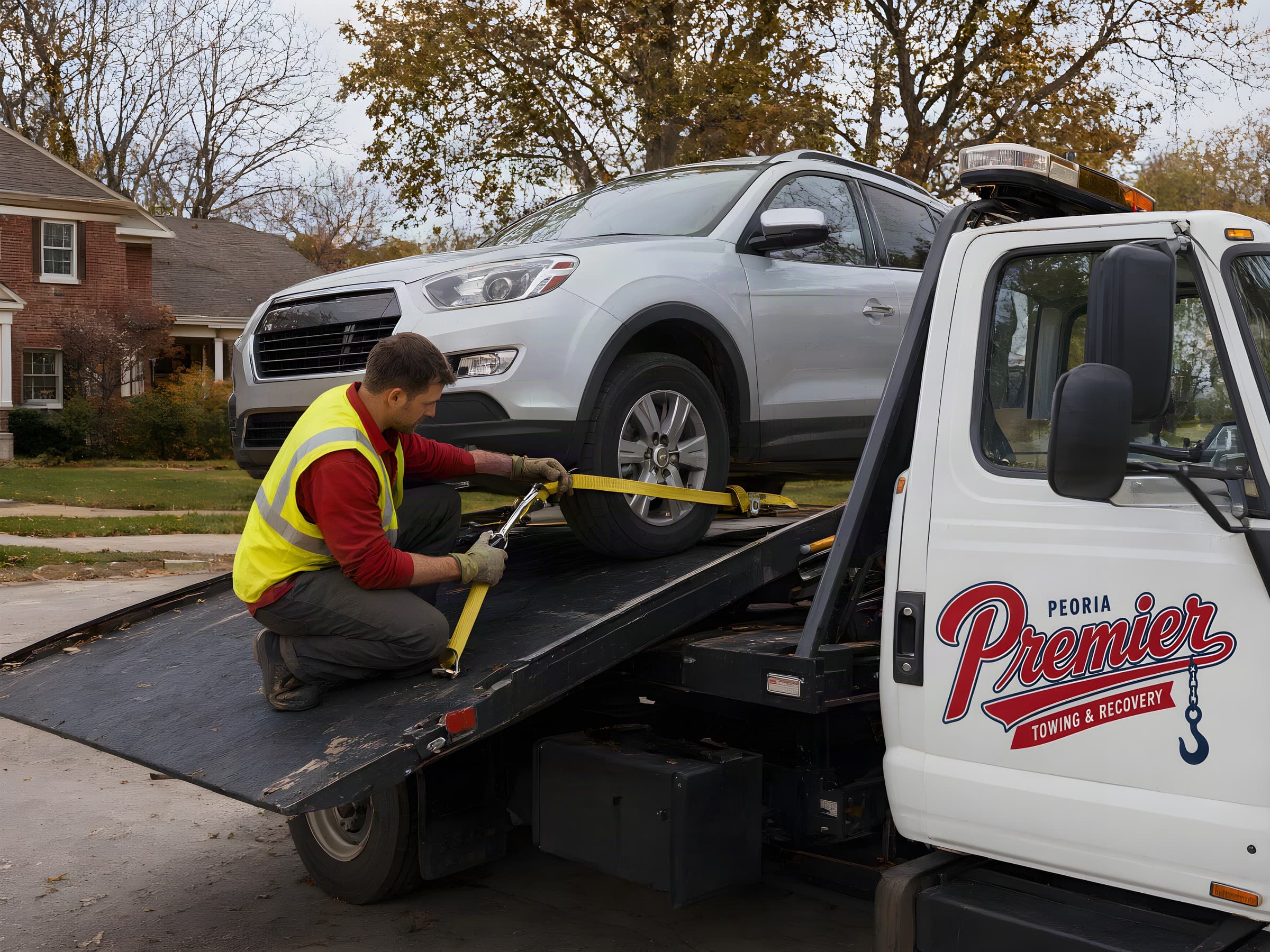 Tow operator strapping an SUV wheel on a flatbed