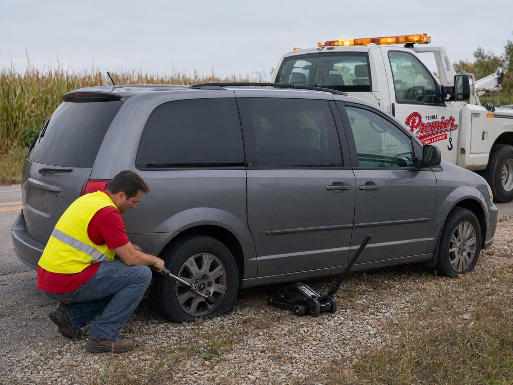 Tow operator changing a flat tire beside a corn field